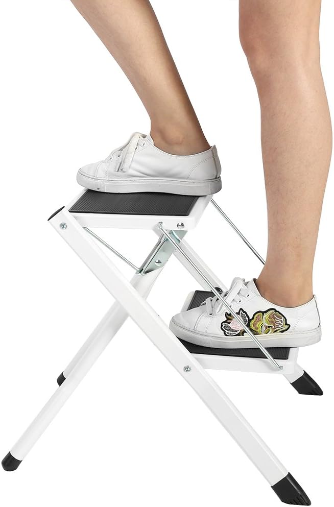 Taburete Escalera Plegable de Acero con 2 Peldaños Antideslizantes, Mini Escalerilla Estable de Seguridad, Capacidad de Carga por Capa 120kg, Blanco