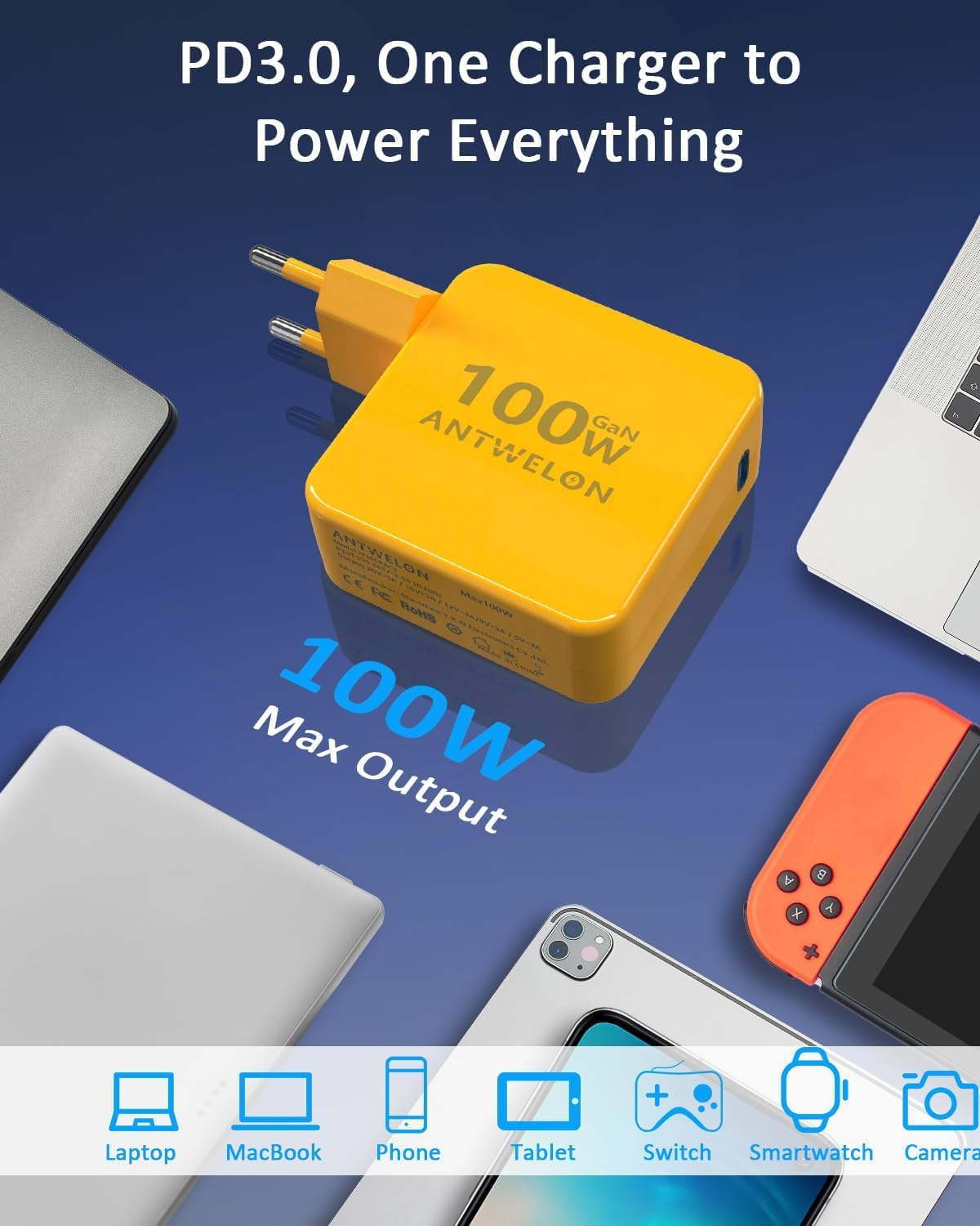 ANTWELON 100W USB C Ladegerät GAN Netzteil Typ C für MacBook Pro 16 15 14 Zoll, MacBook Air, iPad Pro, Galaxy S24 S23, Dell XPS, HP, Lenovo Thinkpad Yoga, Laptop, Tablet 8