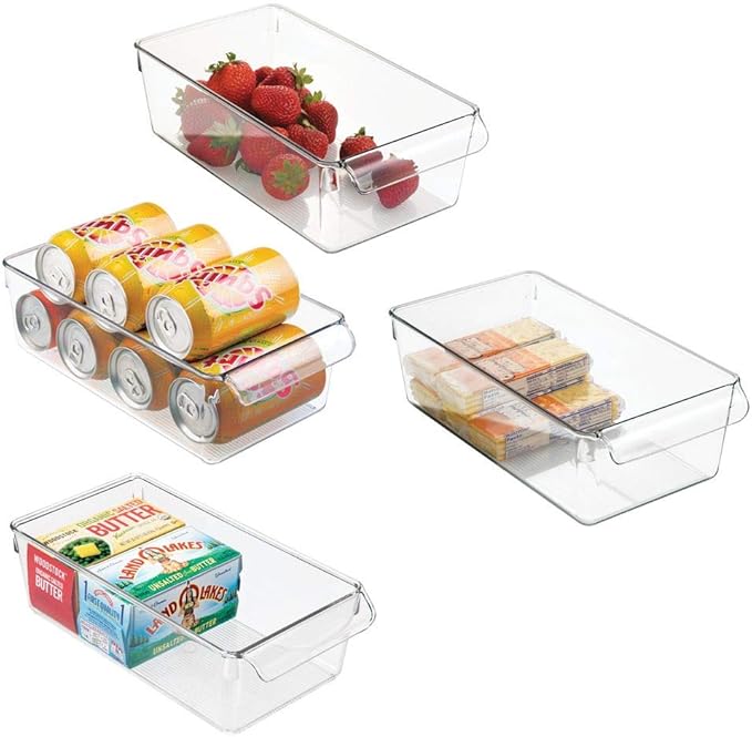 mDesign Cajas organizadoras grandes con asa - cajas plasticas ideales para cocina, en armarios o como caja para nevera - 4 piezas, transparente