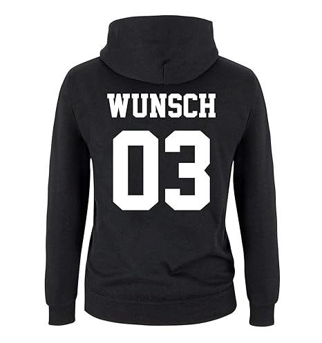 Comedy Shirts Partnerlook Hoodie mit Wunschname & Wunschnummer INDIVIDUALISIERBAR – Pullover für Pärchen, Familie & Freunde z