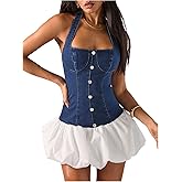 WDIRARA Women's Halter Denim Bubble Dress Y2k Ruffle Hem Tie Backless Mini Dresses