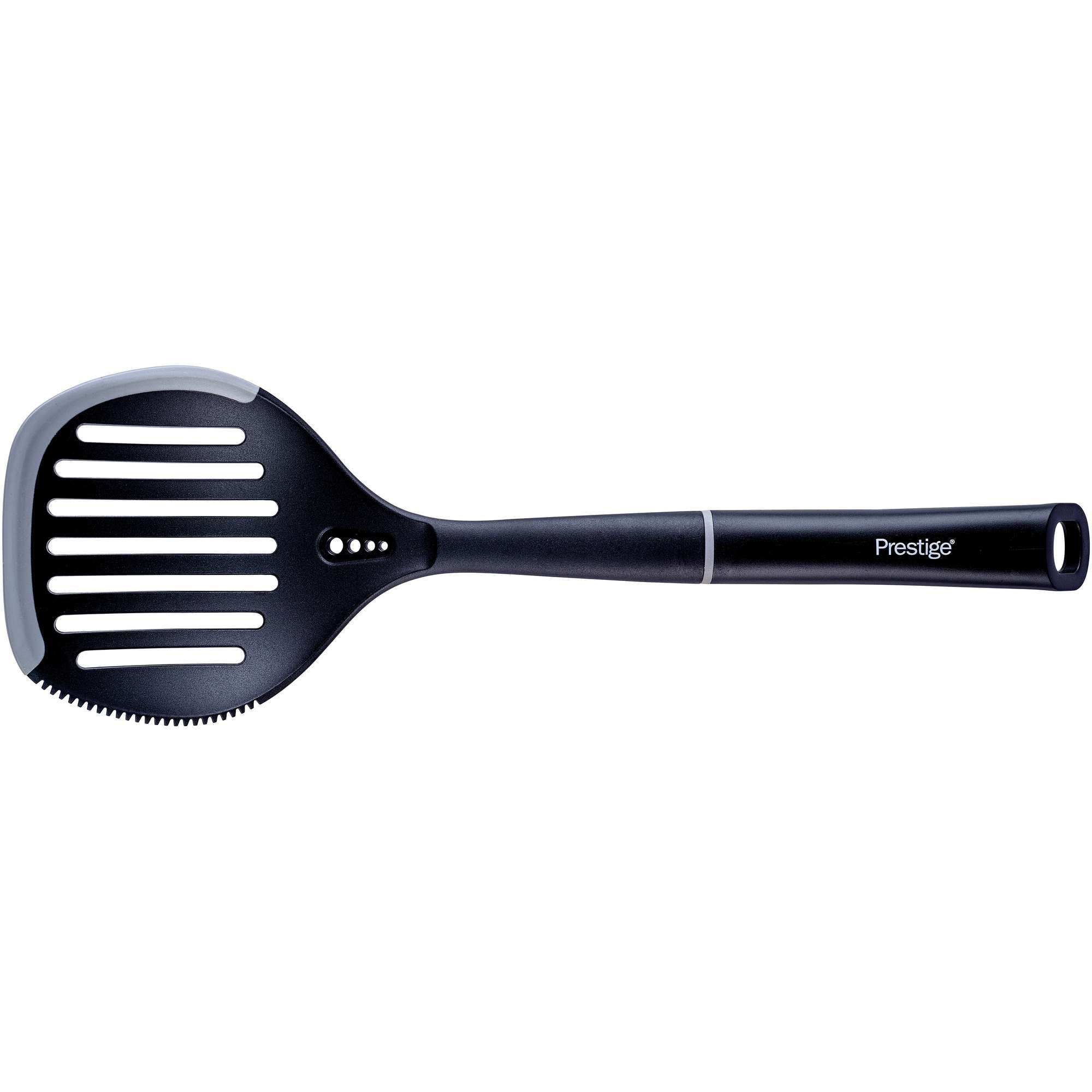 Prestige 2-in-1 Large Skimmer Spoon - Skimmer Ladle with Non Scratch Silicone Edge, Heat Resistant Kitchen Utensils to Protect Non Stick Cookware, 39cm, Black & Grey