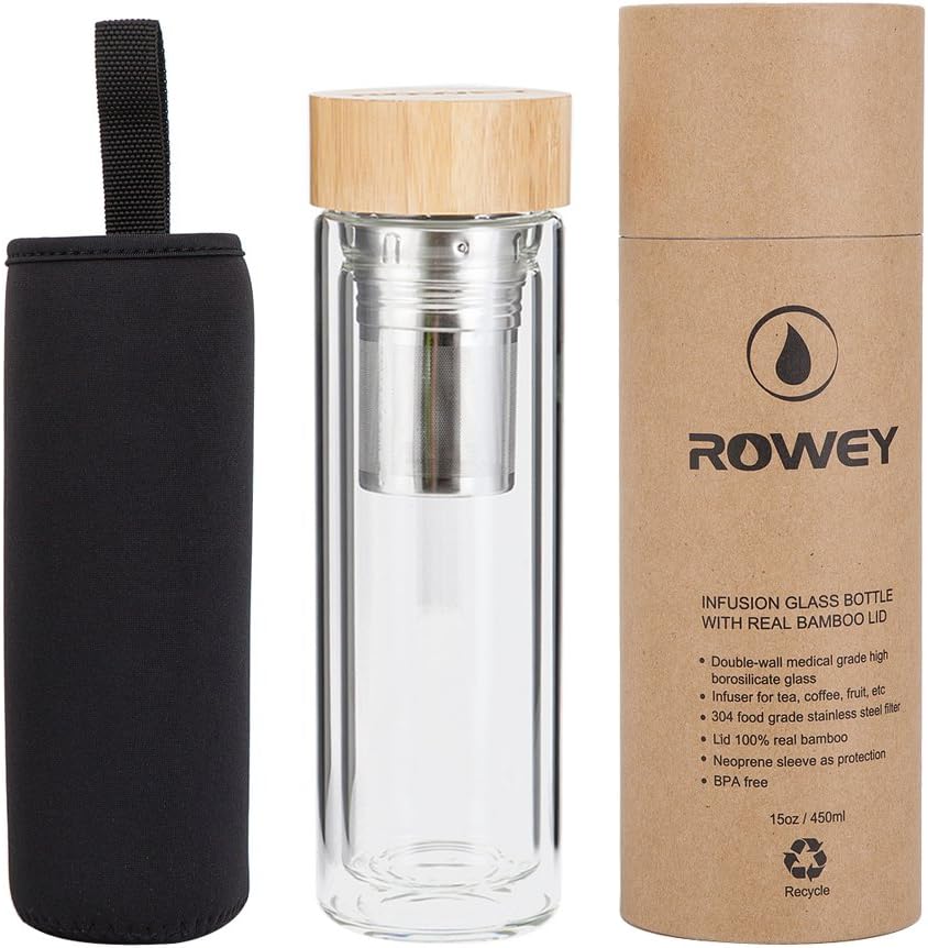 Rowey Double Walled Glass Tumbler - Stainless Steel Tea Infuser & Strainer Filter Bamboo Lid - All in One Tea Cup/Water Bottle/Travel Flask/Cold Brew Coffee Maker – BPA Free 15oz/450ml (Original)