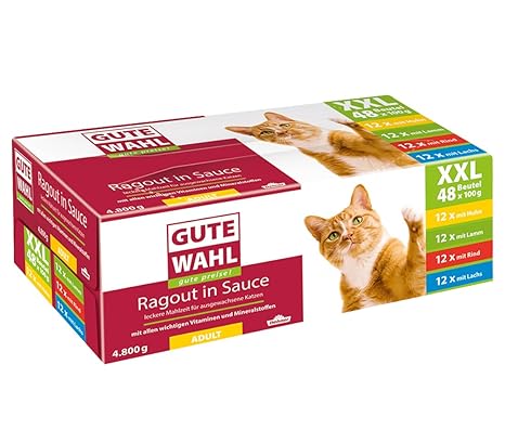Dehner Gute Wahl Katzenfutter Adult, Multipack XXL, je 12 x Huhn, Lamm, Rind & Lachs, im Beutel, 48 x 100 g (4.8 kg)