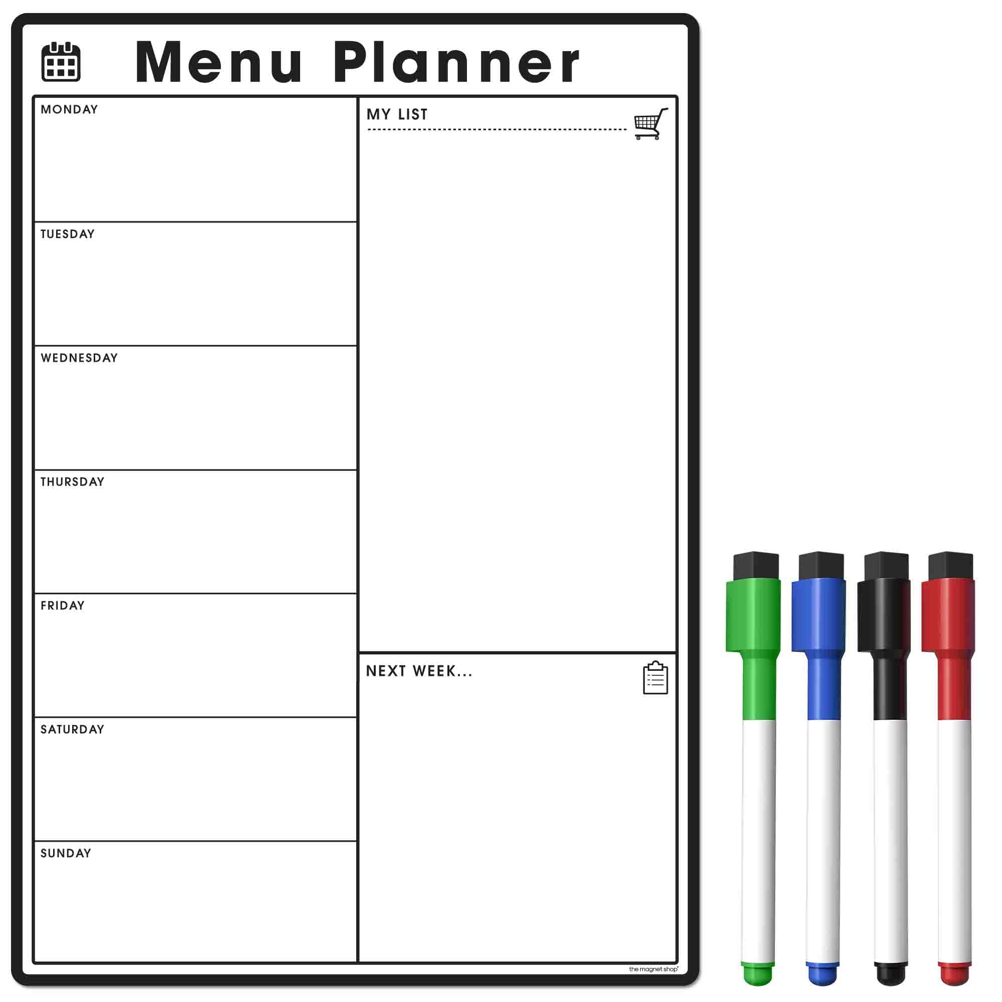 TMS Weekly Meal Planner for Fridge | Magnetic Whiteboard Calendar and Shopping List | Dry Wipe Memo Board for Kitchen | Made in The UK (A3 (42 x 30cm), Black)