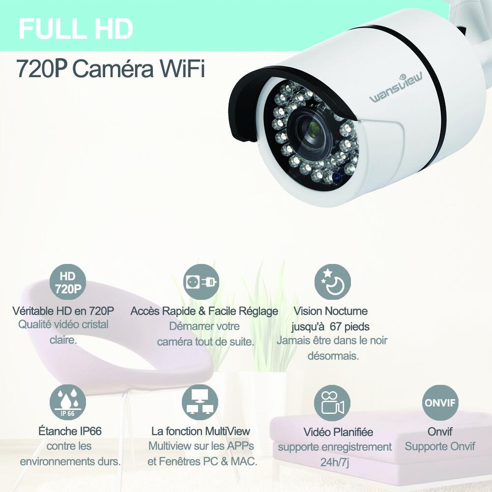 Wansview Caméra IP Surveillance, Caméra IP Extérieur 720P Wifi Caméra Sécurité IP66 Etanche avec Vision Nocturne W3 (Blanche)