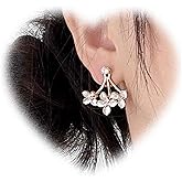 Crymystal Bohemian Flower Crystal Jacket Earrings Vintage Crystal Earrings White Flowers Earrings Gold Crystal Stud Earrings Rhinestone Flowers Earrings Crystal Front Back Earrings Jewelry for Women