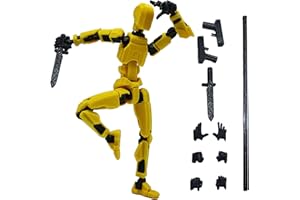 QAONIE (Assembly Completed) 3D Printed 5.54-inch Movable Robot Dummy13, Full Body Mechanical Doll, Hand Painted Figures, Desk Decoration, Creative Gifts (2gun, 1stick, 1knife) (Yellow)