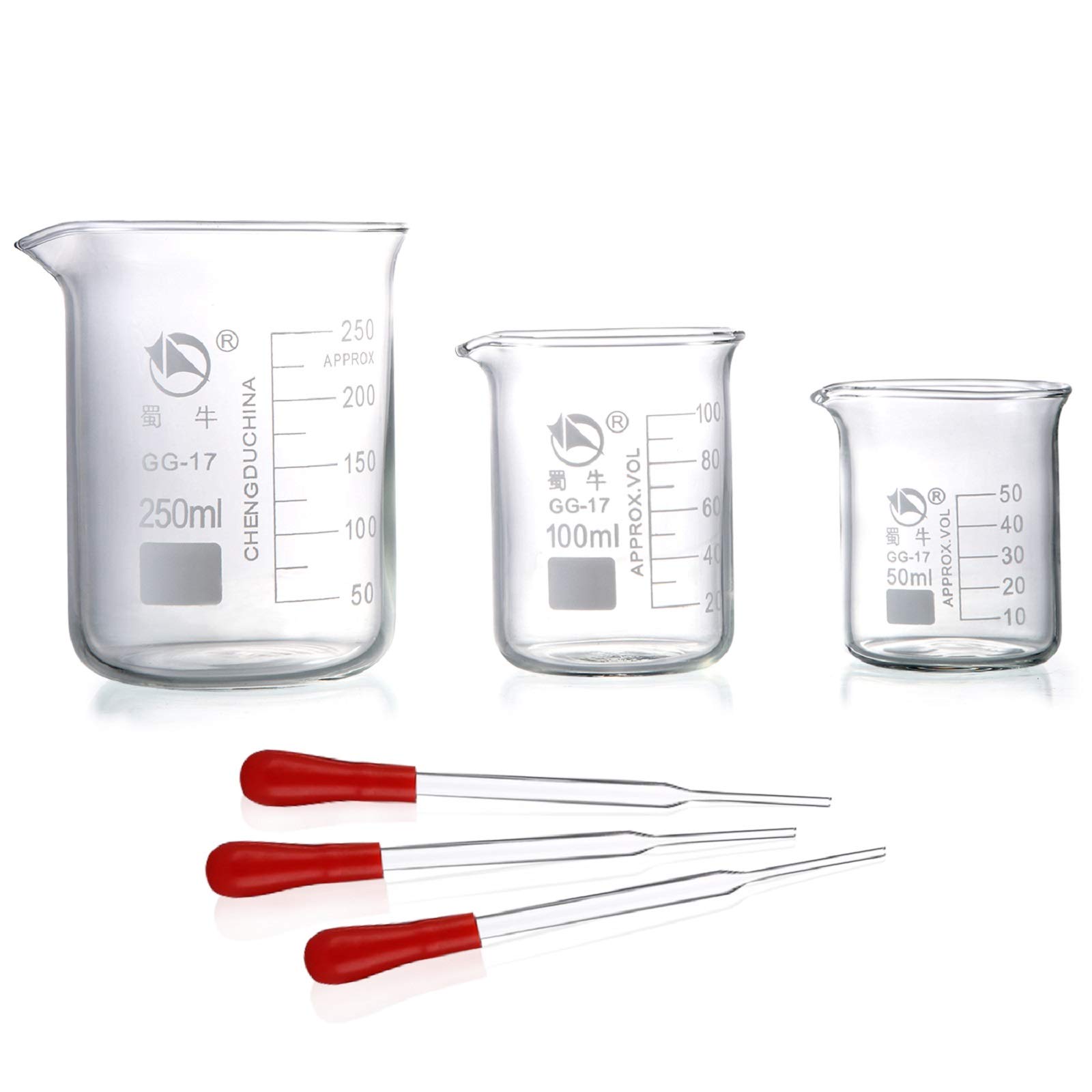 Yizerel Glass Beakers, Pack of 6 Low Form Glass Measuring & Droppers Set, 3 Graduated Griffin Beakers in 3 Sizes with Scales, 250ml, 100ml, 50ml, 3 Droppers Without Scales (3ml per Drop)
