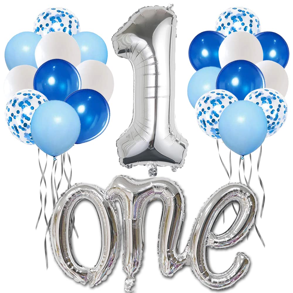 Morofme Silver One Balloon for First Birthday 22pcs Number 1 Balloon 40 Inch Silver One Balloon with Blue White Balloons for First Birthday Boy 1st Birthday Balloons Large Big Silver 1 Balloon