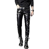 Idopy Men`s Rock Steampunk Lace Up PU Leather Pants Slim Fit