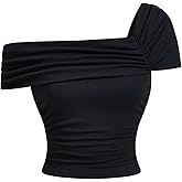 winkbay Women's Asymmetrical Neck Crop T Shirt Ruched Short Sleeve Knit Going Out Tops