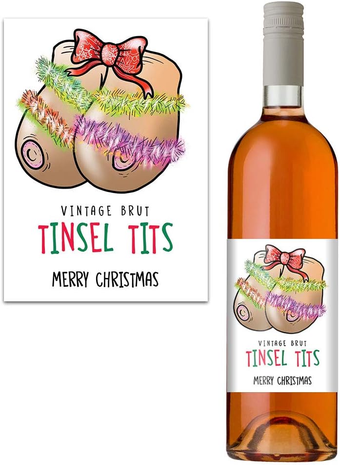Funny Rude Christmas Wine Bottle Label for Her Women Rude Tinsel Tits Design Perfect for Wife Girlfriend Best Friend