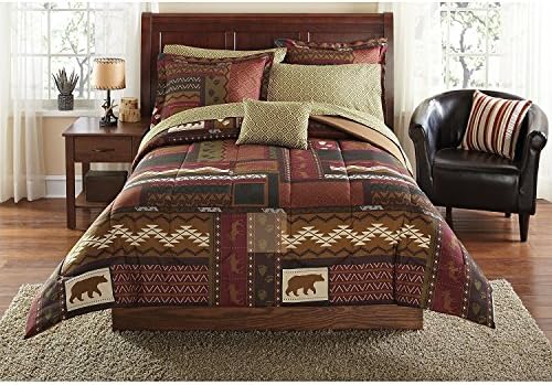 8pc Brown Wildlife Hunting Geometric Patchwork Theme Queen Comforter Set, Vibrant Colors, Textured Bedding, Outdoor Rustic Stylish Country Cabin Lodge Pattern, Bear Moose Deer