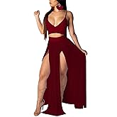 Women Sexy 2 Piece Outfits Dress Chiffon Strap Deep V Neck Bra Crop Top High Split Maxi Dresses Skirt Set