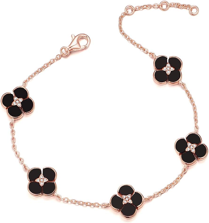 Sterling Silver Bracelets for Women Valentine's Gifts, Black Flower Clover Shamrock Charms, 5A Diamond Cubic Zirconia Birthstones, Adjustable Extender Links of Wish Good Luck Dainty Bangle Jewelry for Her