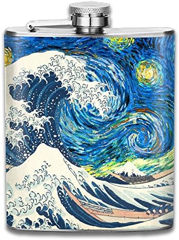 CzxzZd CZZD Starry Night Wave Kanagawa Portable Stainless Steel Flagon Whiskey Wine Bottle