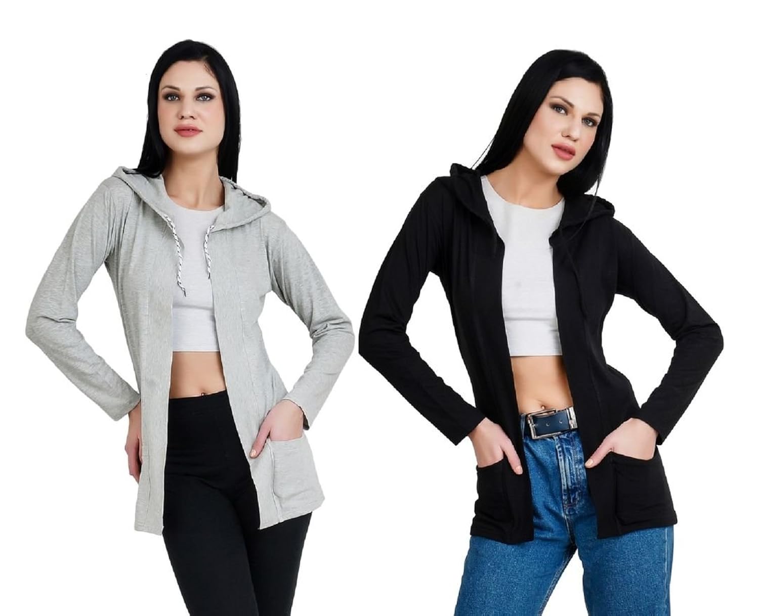 bfly women fullsleeve hooded pocket viscose shrug-(grey & black)