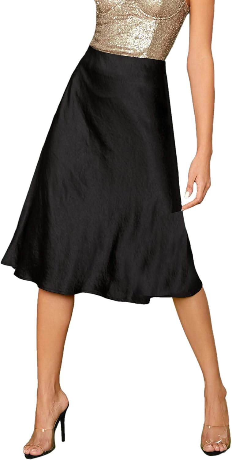 SheIn Women's Party Sexy Satin Split Side Basic Zipper Mid Waist Midi Skirt: Clothing