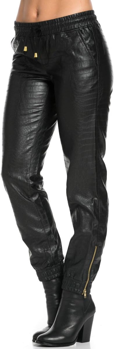 My Yuccie PU Crocodile Faux Leather Jogger Pants