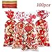 Blulu 100 Pieces Valentines Party Treat Bags Mixed Heart Print Pattern Cellophane Plastic Goodie Candy Gift Favor Bags with 200 Pieces Gold and Red Twist Ties for Valentine's Day Party Decorations