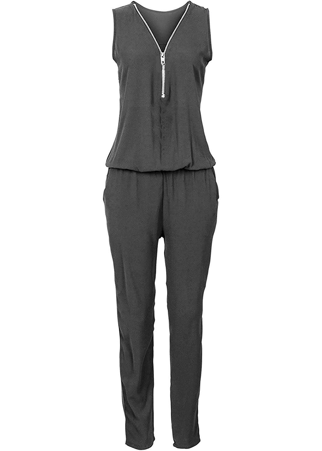 FIRE NGOLI Women\'s Casual Zipper Front Sleeveless Short Jumpsuit Long Pants Rompers Grey M