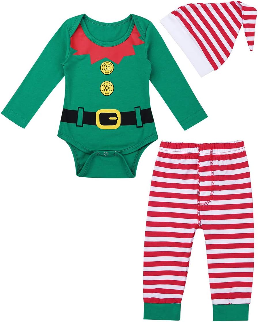inlzdz Baby Girls Boys Xmas Santa Fairy Spirit Outfit Long Sleeves Romper with Striped Pants Hat Clothes Set Christmas Costume Green 9-12 Months