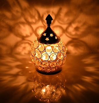 PWM Moradabad Metal World Brass Akhand Jyot Diya/Oil Lamp Lantern with Decorative Crystals for Diwali, Puja and Festival Decoration (Golden, Small)