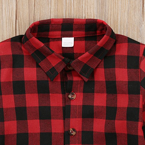 Kids Little Boys Girls Baby Letters Print Long Sleeve Button Down Red Plaid Flannel Shirt (2T, Red)