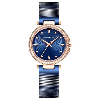 Mini Focus Damen Strass Lünette Casual Business Edelstahl Mesh Band Quarz Uhr