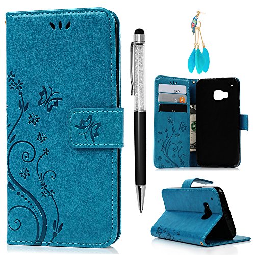 HTC M9 Leather Case, HTC One M9 Case Wallet, MOLLYCOOCLE PU Leather Wallet Embossed Florals Kickstand Magnetic Flip Case Card Holders & Hand Strap Case Cover for HTC One M9 / HTC M9 -Blue (Htc One M9 Best Deals)