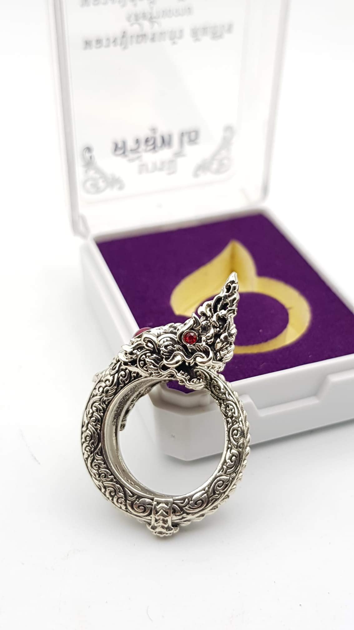 Authentic Special Naga Thai Amulet Ring Paramita Srisutto edition. Lucky ring bringing good fortune. White gold material with red Naga eye. Size 60 Lp Nearkeaw
