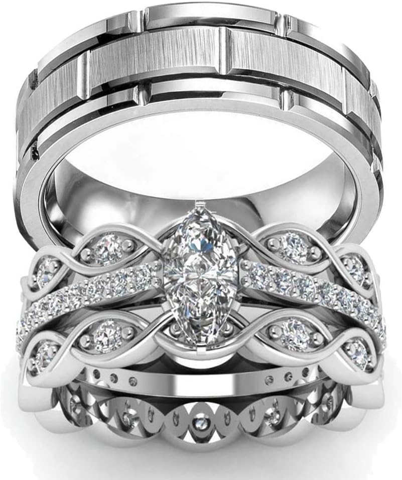 Gy Jewelry Two Rings His and Hers Wedding Ring Sets Couples Rings Women's 2PC White Gold Filled Cubic Zirconia Wedding Engagement Ring Bridal Sets & Men's Stainless Steel Wedding Band