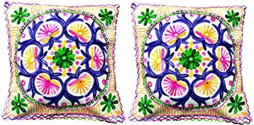 Handcrafted Woolen threads Embroidery Printed Cushion Covers Set of 2 -Throw Pillow Covers Cotton Fabric Indian Home Furnishing Decorative 16x 16 Inch-UP-CC017