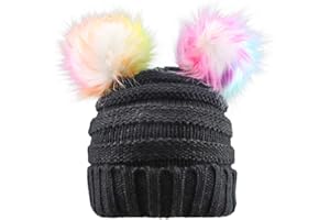 BUTITNOW Kids Girls Boys Multi-Color Ear Double Pom Pom Beanie Hat Winter Warm Rib Knitt Ski Hats (Age 7-15)