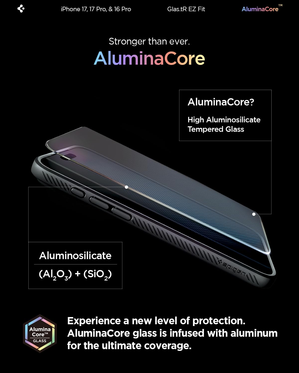 Spigen AluminaCore Tempered Glass Screen Protector [Glas.tR EZ Fit] designed for iPhone 17 Pro | iPhone 17 | iPhone 16 Pro [2 Pack] 9H+ Hardness, Aluminum-Enhanced Durability