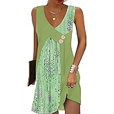 SAUKOLE Summer Dresses for Women Casual Sleeveless Asymmetric V Neck Buttons Sundress Loose with Pockets
