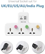 Mscien Travel Plug Extension UK to EU USB 3 Way Switched Sockets 10A view 4