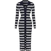 Women's Long Sleeve Striped Sweater Dress Collared Sexy Slit Bodycon Casual Knit Maxi Dresses