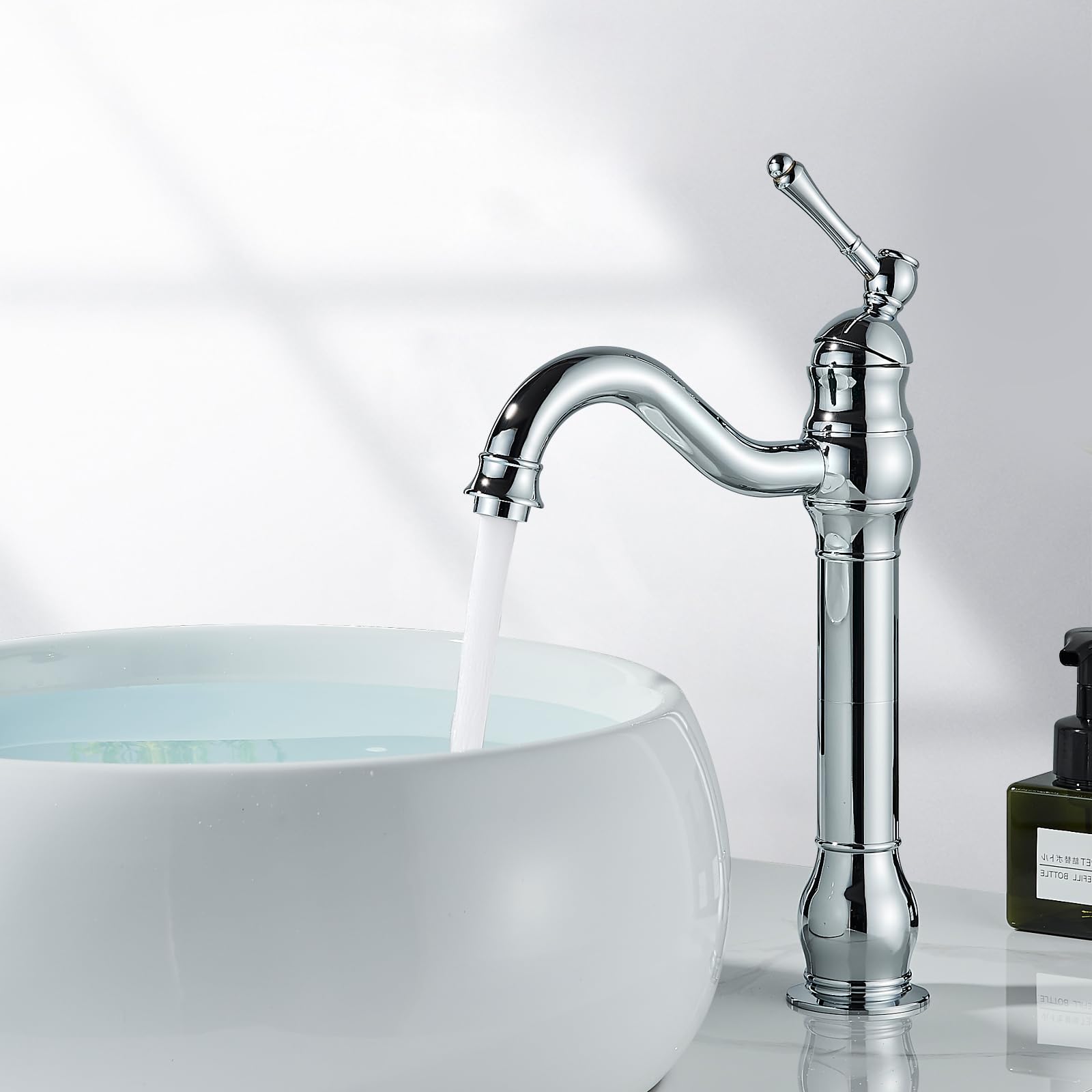 Rozin Bathroom Basin Tap High Mixer Taps Vessel 360° Swivel Spout Faucet Brass Single Handle Chrome Polished Deck Mounted Cold and Hot Water Mixing Tap