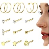 ZZHDCC 14K Gold Filled Nose Rings 20G Nose Rings Hoops Studs - Straight or L Shaped 316L Stainless Steel Small Nose Studs - CZ Hypoallergenic Nose Piercing Jewelry for Women Men 15Pcs