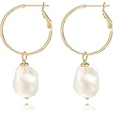 Gold Plated Huggie Hoop Earrings with Charms Fashion Pearl Drop Dangle Earrings for Women Handmade Karma Circle Jewelry for Ladies Lightweight Pearl Earrings on Christmas