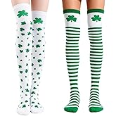NEWHOOK 2 Pairs St Patricks Day Socks Green Compression Shamrock St. Patrick'S Day Over The Knee High Striped Long Irish Socks Saint Patricks Day Costumes Outfit Accessories For Women