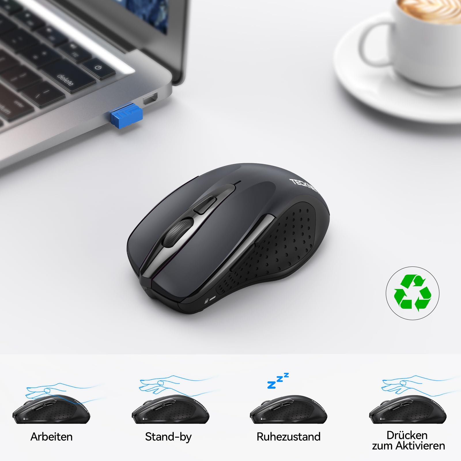 TECKNET Bluetooth Maus, 4800 DPI Kabellos Ergonomische Maus (Tri-Modi: BT 5.0/3.0+2.4G), 30 Monate Batterielaufzeit, Leise Funkmaus für Laptop PC Computer, Windows, Mac OS, Android 7