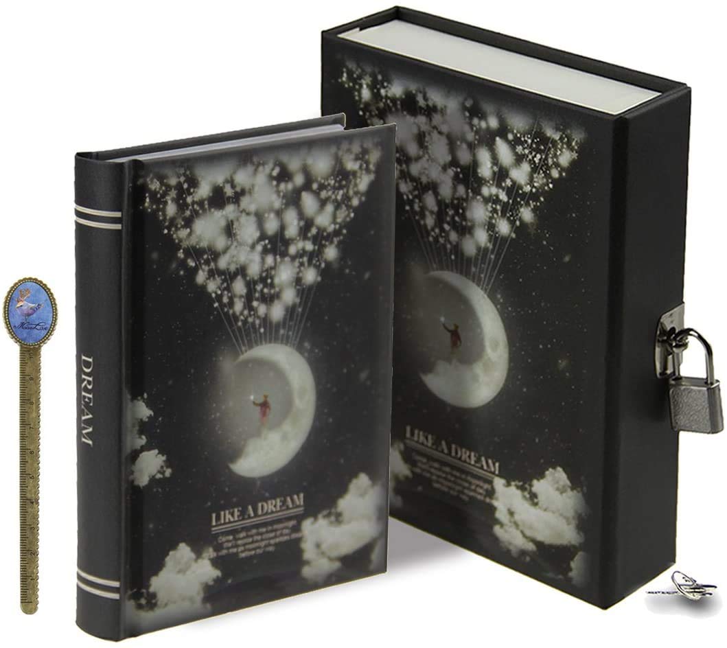 A5 Vintage Leather Journal with Combination Lock Digital Password Journal with Bookmark Pen Loop Retro Privacy Notebook Writing Travel Diary Locking Journal, 100 Sheets (Style 4-Moon(14*10.5cm))