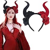 Ncozwo Devil Horns Headband Black Red Rose Demon Horns Hair Hoop Halloween Gothic Witch Horn Hairband Day of The Dead Headpiece Hair Accessories for Carnival Makeup Party