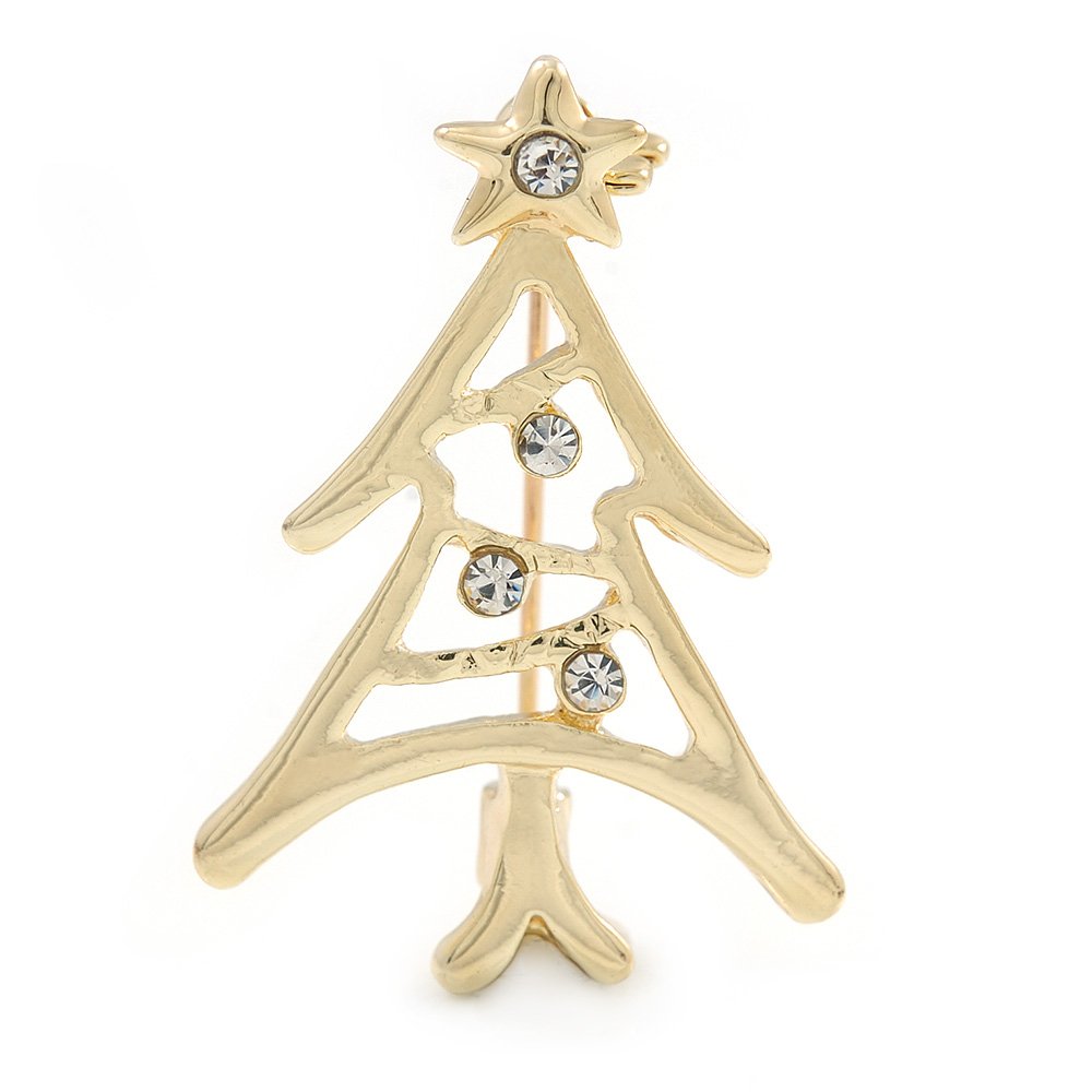 Small Contemporary Holly Jolly Christmas Tree Brooch In Gold Plating - 30mm L