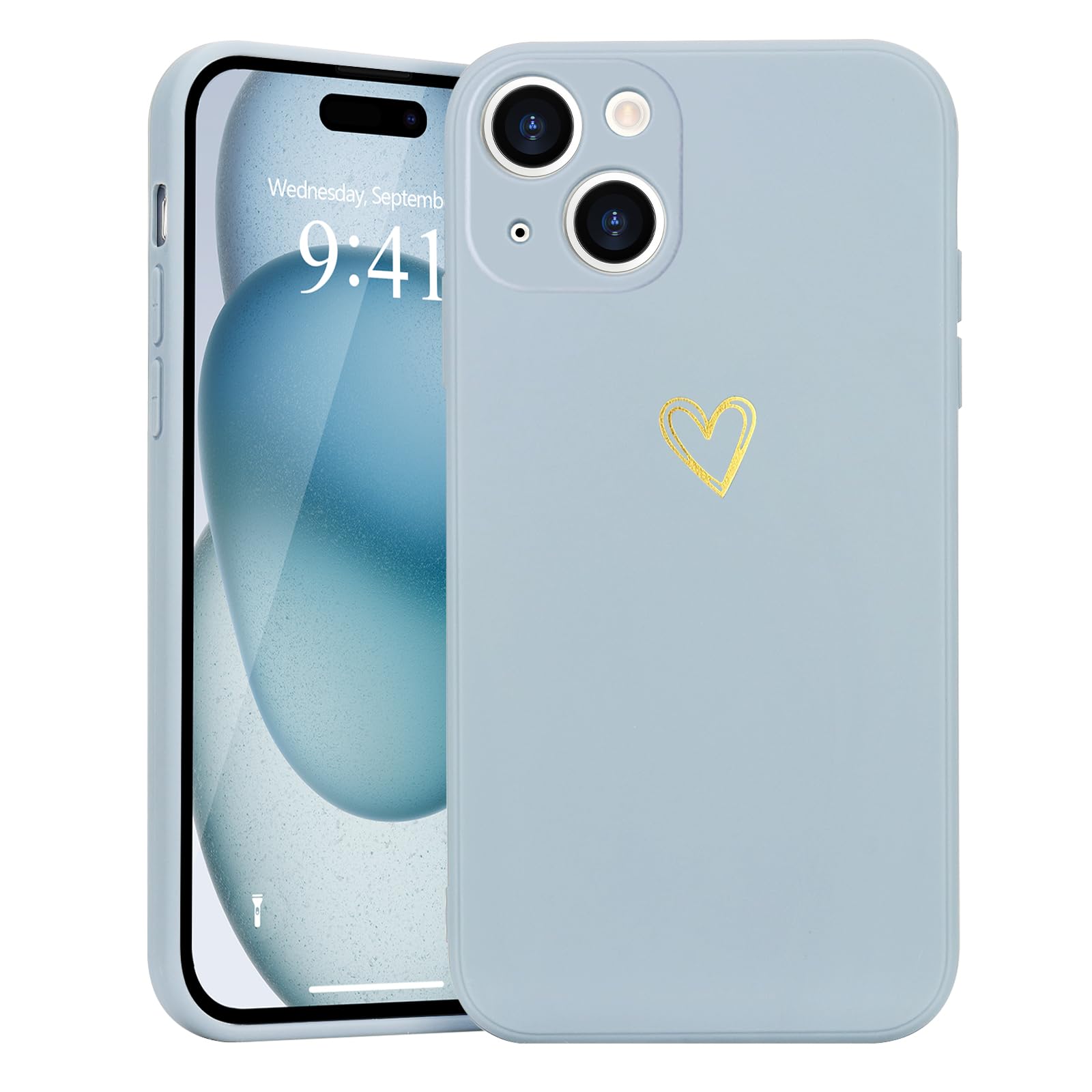 Wirvyuer for iPhone 15 Case Cute Heart Pattern Soft Shockproof Protective Silicone Phone Case for Women Girls, Light Blue — image 1