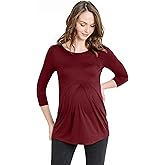 LaClef Women's Round Neck 3/4 Sleeve Front Pleat Peplum Maternity Top