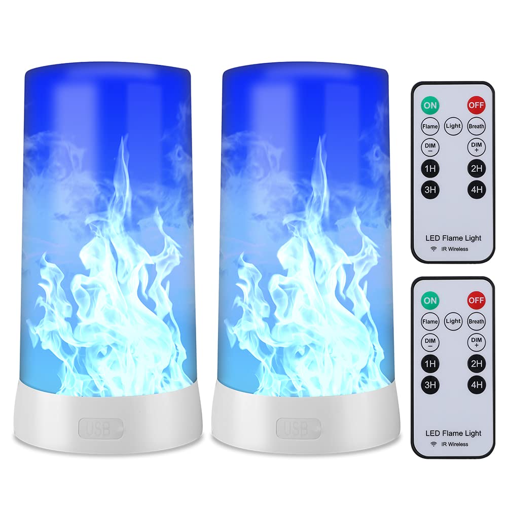 Hawofly LED Flame Effect Light,USB Rechargeable Flameless Candles, Led Blue Fireplace Light with Timer and Remote, Lantern Lights Outdoor Flame for Bedroom Bar Party Home Decor